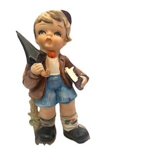 Vintage Porcelain  Figurine Schoolboy With Books Umbrella Collectable